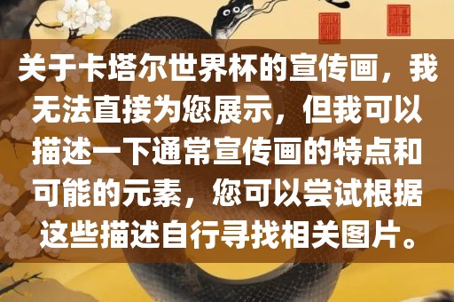 关于卡塔尔世界杯的宣传画，我无法直接为您展示，但我可以描述一下通常宣传画的特点和可能的元素，您可以尝试根据这些描述自行寻找相关图片。