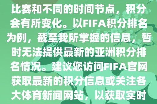 关于世界杯亚洲积分，不同的比赛和不同的时间节点，积分会有所变化。以FIFA积分排名为例，截至我所掌握的信息，暂时无法提供最新的亚洲积分排名情况。建议您访问FIFA官网获取最新的积分信息或关注各大体育新闻网站，以获取实时的世界杯亚洲积分排名。