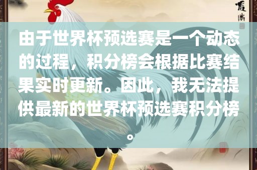 由于世界杯预选赛是一个动态的过程，积分榜会根据比赛结果实时更新。因此，我无法提供最新的世界杯预选赛积分榜。