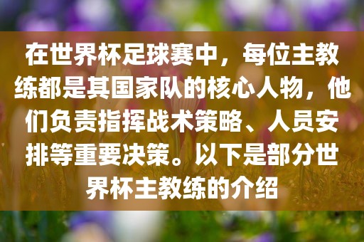在世界杯足球赛中，每位主教练都是其国家队的核心人物，他们负责指挥战术策略、人员安排等重要决策。以下是部分世界杯主教练的介绍