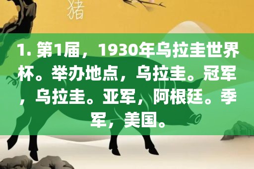 1. 第1届，1930年乌拉圭世界杯。举办地点，乌拉圭。冠军，乌拉圭。亚军，阿根廷。季军，美国。