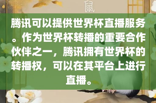 腾讯可以提江门市永晋源无纺布有限公司供世界杯直播服务。作为世界杯转播的重要合作伙伴之一，腾讯拥有世界杯的转播权，可以在其平台上进行直播。