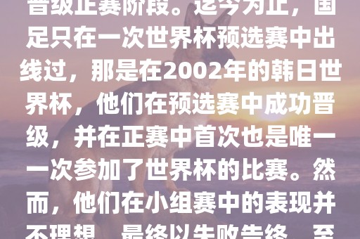 国足踢进世界杯是指中国男子足球队在世界杯足球赛中成功晋级正赛阶段。迄今为止，国足只在一次世界杯预选赛中出线过，那是在2002年的韩日世界杯，他们在预选赛中成功晋级，并在正赛中首次也是唯一一次参加了世界杯的比赛。然而，他们在小组赛中的表现并不理想，最终以失败告终。至于现在，国足还没有再次踢进世界杯。