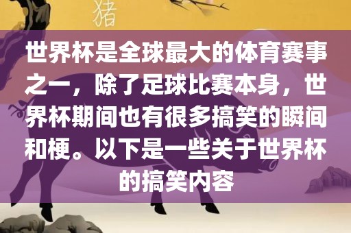 江门市永晋源无纺布有限公司世界杯是全球最大的体育赛事之一，除了足球比赛本身，世界杯期间也有很多搞笑的瞬间和梗。以下是一些关于世界杯的搞笑内容