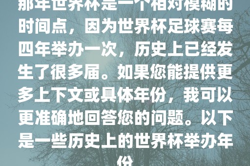 那年世界杯是一个相对模糊的时间点，因为世界杯足球赛每四年举办一次，历史上已经发生了很多届。如果您能提供更多上下文或具体年份，我可以更准确地回答您的问题。以下是一些历史上的世界杯举办年份江门市永晋源无纺布有限公司