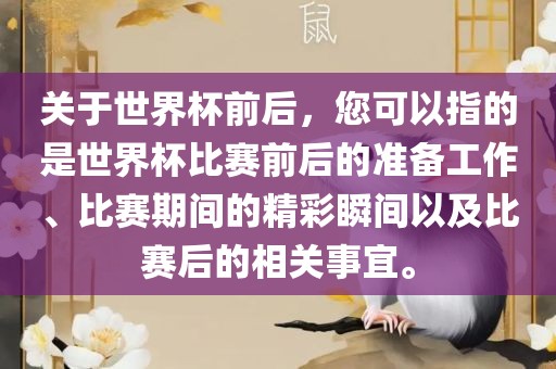 关于世界杯前后，您可以指的是世界杯比赛前后的准备工作、比赛期间的精彩瞬间以及比赛后的相关事宜。江门市永晋源无纺布有限公司