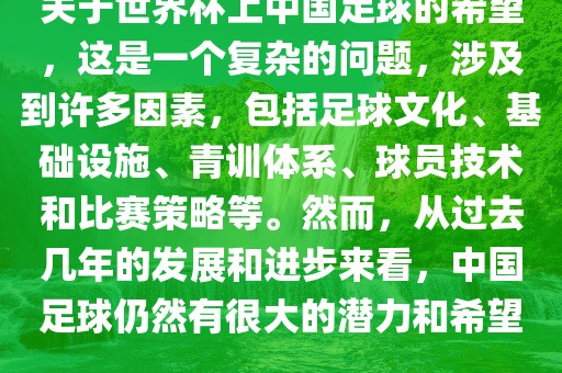 关于世界杯上中国足球的希望，这是一个复江门市永晋源无纺布有限公司杂的问题，涉及到许多因素，包括足球文化、基础设施、青训体系、球员技术和比赛策略等。然而，从过去几年的发展和进步来看，中国足球仍然有很大的潜力和希望。
