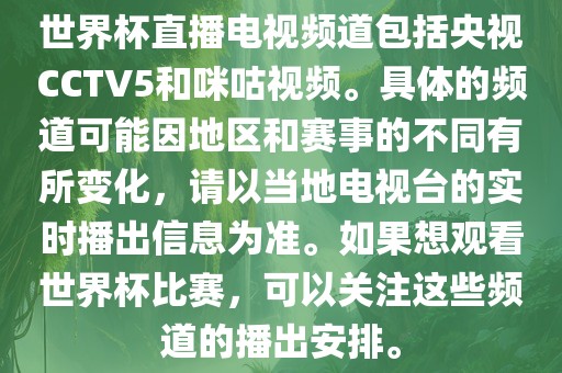 世界杯直播电视频道包括央视CCTV5和咪咕视频。具体的频道可能因地区和赛事的不同有所变化，请以当地电视台的实时播出信息为准。如果想观看世界杯比赛，可以关注这些频道的播出安排。