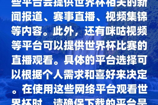 世界杯网络平台包括但不限于央视新闻、抖音、快手等。这些平台会提供世界杯相关的新闻报道、赛事直播、视频集锦等内容。此外，还有咪咕视频等平台可以提供世界杯比赛的直播观看。具体的平台选择可以根据个人需求和喜好来决定。在使用这些网络平台观看世界杯时，请确保下载的平台是官方正版，以保证良好的观赛体验。