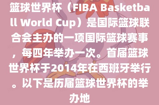 篮球世界杯（FIBA Basketball World Cup）是国际篮球联合会主办的一项国际篮球赛事，每四年举办一次。首届篮球世界杯于2014年在西班牙举行。以下是历届篮球世界杯的举办地