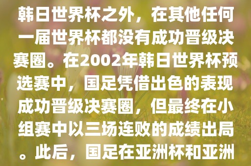 中国国家男子足球队在世界杯的表现并不出色。除了2002年韩日世界杯之外，在其他任何一届世界杯都没有成功晋级决赛圈。在2002年韩日世界杯预选赛中，国足凭借出色的表现成功晋级决赛圈，但最终在小组赛中以三场连败的成绩出局。此后，国足在亚洲杯和亚洲预选赛中的表现一直起伏不定，未能再次打进世界杯。
