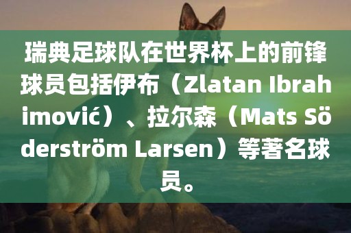 瑞典足球队在世界杯上的前锋球员包括伊布（Zlatan Ibrahimovi?）、拉尔森（Mats S?derstr?m Larsen）等著名球员。