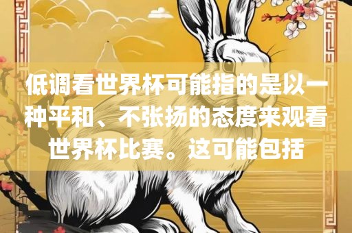 低调看世界杯可能指的是以一种平和、不张扬的态度来观看世界杯比赛。这可能包括
